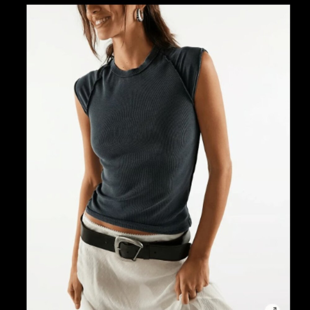 WE THE FREE PEOPLE EVER HAD TUNIC TEE CAP SLEEVE RIBBED TOP BLACK GRAY NEW M